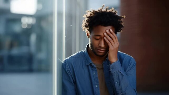 realistic urban lifestyle photo in horizontal orientation  showing a young man sitting outside a brick building, leaning against a glass wall, covering his face 4K