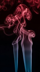Colorful smoke swirling in air with pink and blue hues on dark background