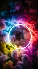 Vibrant colorful clouds with neon white circle in the sky with blue pink purple and yellow hues  surreal atmosphere