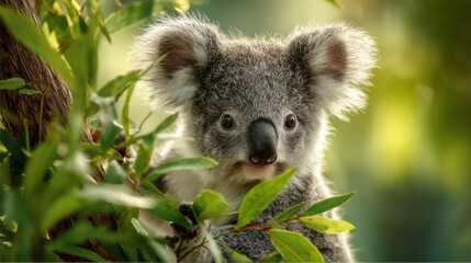 Fototapeta premium Fluffy koala watches carefully from tree branch, surrounded by vibrant green eucalyptus leaves.