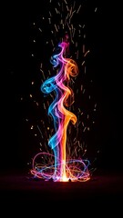 Colorful swirling lights and sparks flying upwards on a dark background at night