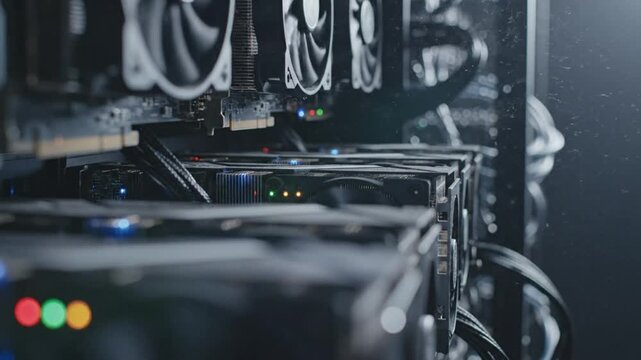 Close up view of the crypto mining rig with multiple graphics cards and fans in operation
