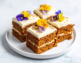 Delicious individual portions of homemade carrot cake with luscious cream cheese frosting adorned with vibrant edible pansy flowers and nuts on a clean white plate