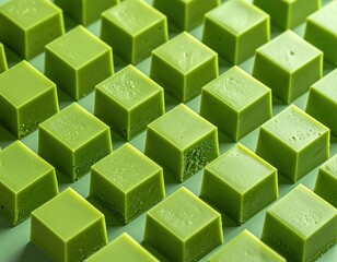 Visually appealing array of vibrant green square matcha flavored confectionery pieces neatly arranged on a harmonizing light green background creating an appetizing display of sweet treats