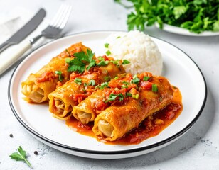 Delicious homemade traditional stuffed cabbage rolls are beautifully plated, covered in a vibrant tomato sauce, garnished with fresh herbs and served with fluffy white rice