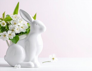 Elegant white ceramic bunny figurine holds delicate spring flowers against a beautiful soft pastel pink background, ideal for Easter decor