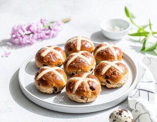 Seven freshly baked hot cross buns with sweet icing and dried fruit, beautifully arranged on a white plate, symbolizing springtime and Easter celebrations