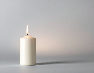 Clean white pillar candle with a bright golden flame illuminates a minimalist light grey background creating a calm and serene atmosphere