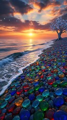 Colorful beach with rainbow pebbles and tree at sunset on shore  serene landscape