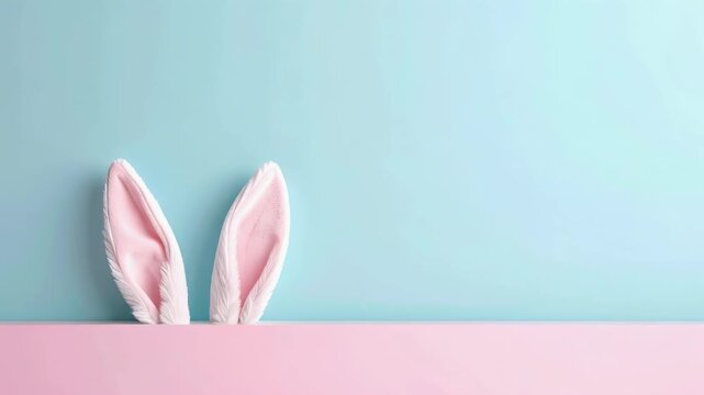 bunny ears peeking over pastel surface in minimal easter scene with large copy space for text on soft turquoise and pink background