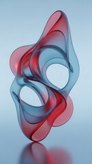 Red and blue abstract sculpture on light blue background with reflection