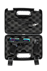 Colorful compact pistol in protective case
