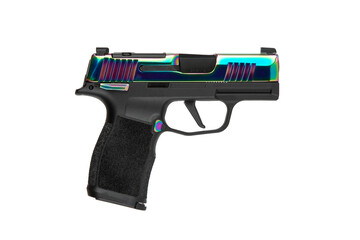 Modern handgun with rainbow titanium slide