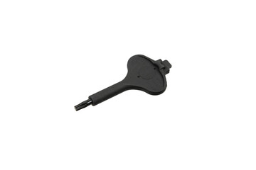 Black plastic adjustment key for firearm sights or optics isolated on a white back
