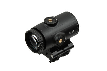 Black 3x18 tactical magnifier scope for firearms isolated on a white back