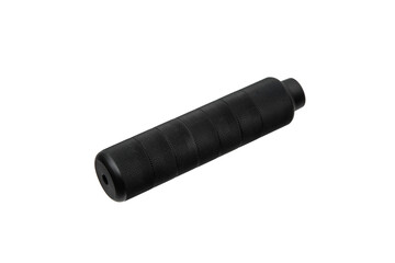 Black textured metal silencer or suppressor for firearms isolated on a white back