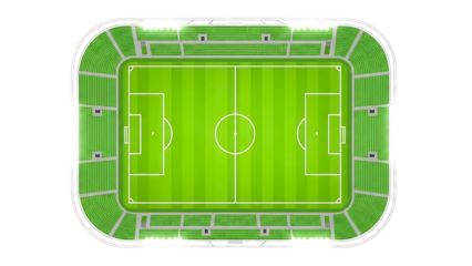 Top view of green football soccer stadium field with markings and stands isolated on transparent background

