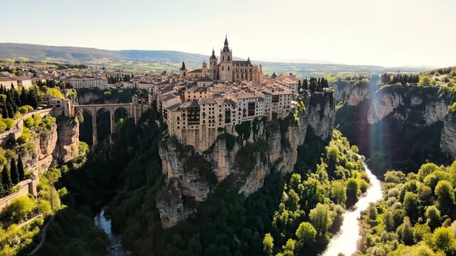 Aerial view of Cuenca, Spain: a stunning historic city perched atop a dramatic gorge with flowing river