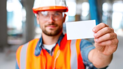 Construction Worker Holding Blank Business Card at Building Site