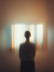 Fototapeta premium Person gazing thoughtfully at a blurred reflection of vibrant colors in a serene indoor space at dusk