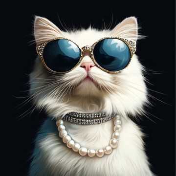 White fluffy cat wearing stylish sunglasses and pearl necklace on black background, glamorous photorealistic portrait in luxury fashion style
