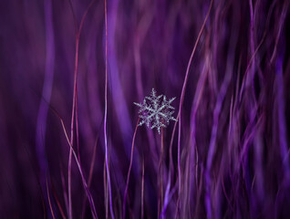  One shiny carved cold snowflake caught on lilac fluffy fur in a winter garden