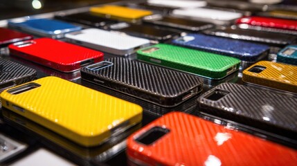 Premium Carbon Fiber and Colorful Phone Cases Displayed on Store Counter