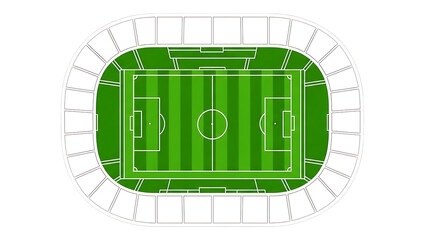 Top view football stadium arena with green grass field and seating layout isolated transparent PNG

