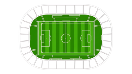Top view football stadium arena with green grass field and seating layout isolated transparent PNG

