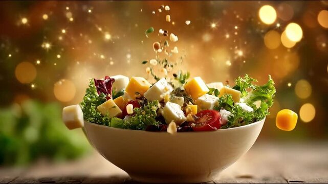 Fresh salad ingredients falling into bowl with cheese cubes and spices against golden bokeh background