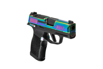 Compact modern pistol with a vibrant rainbow oil slick slide on a white back