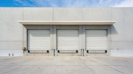 Fototapeta premium Minimalist Industrial Warehouse Facade with Three Closed Loading Dock Doors