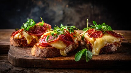 Rustic Cheese and Pepperoni Bruschetta with Microgreens