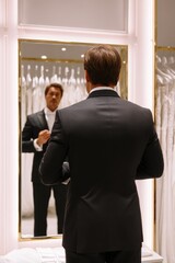 Fototapeta premium Groom Adjusting Suit While Looking at Mirror in Bridal Store