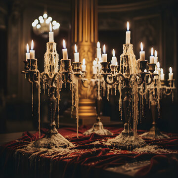 Vintage golden candelabras with melted wax on red velvet table