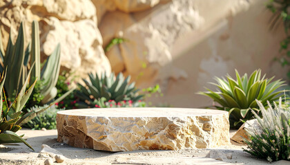 Empty sandstone podium surrounded by desert plants, rocky wall on background, natural product