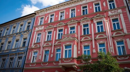 Obraz premium Colorful Historic European Buildings with Pink Facade and Decorative Details