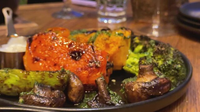 Steak grilled vegetables Snacks with meat, sausage, French fries, crackling and beer