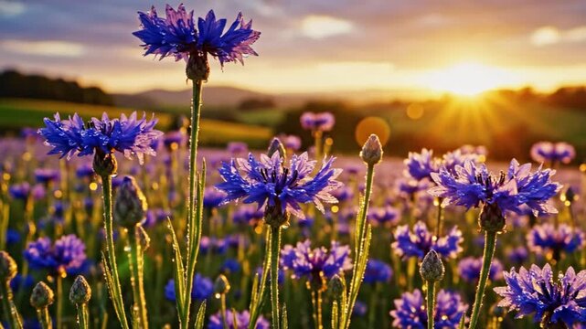 Lush Field of Blue Cornflowers Glowing in Golden Sunlight at Sunset with Lens Flare and Dewdrops