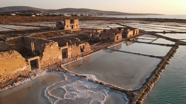 Aerial view of ancient ruins and salt flats during a golden sunset reflecting on water and natural landscapes