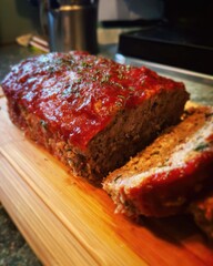 Homemade Meatloaf with Tomato Glaze Sliced on Wooden Cutting Board