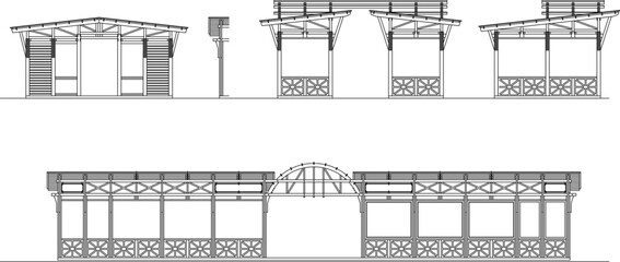 Technical vector of wooden pavilion designs, featuring shed roof kiosks, garden structures, and detailed timber elevations. © Riki
