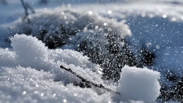 Snowflakes falling on frozen landscape viewed from a close-up perspective