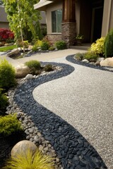 Pathway design features gravel and stones, with plants lining the edges, leading to a house entrance during clear weather in a suburban area