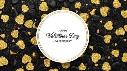 Title:
Elegant black and gold Valentine’s Day pattern with scattered glitter hearts and white circular greeting label — luxury holiday background for cards and packaging