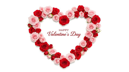 Obraz premium Title: White heart-shaped wreath of red and pink roses with “Happy Valentine’s Day” center text on clean white background — floral heart frame for holiday greeting