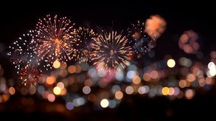 Fireworks Explosion on Blurred Night Sky with Abstract Bokeh