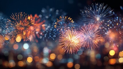 Fireworks Explosion on Blurred Night Sky with Abstract Bokeh