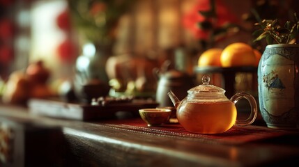 Tea Ceremony Setup on Blurred Background with Warm Amber Tones