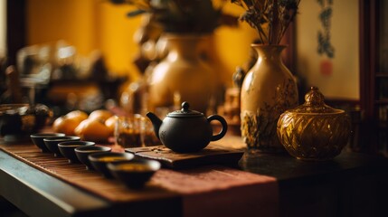 Tea Ceremony Setup on Blurred Background with Warm Amber Tones